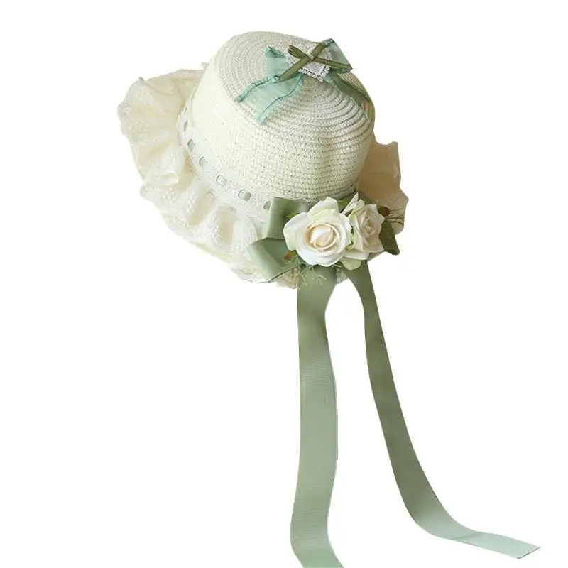 652F قبعة Hepburn الغربية مع White Rose Bowknot شاي شاي الدانتيل