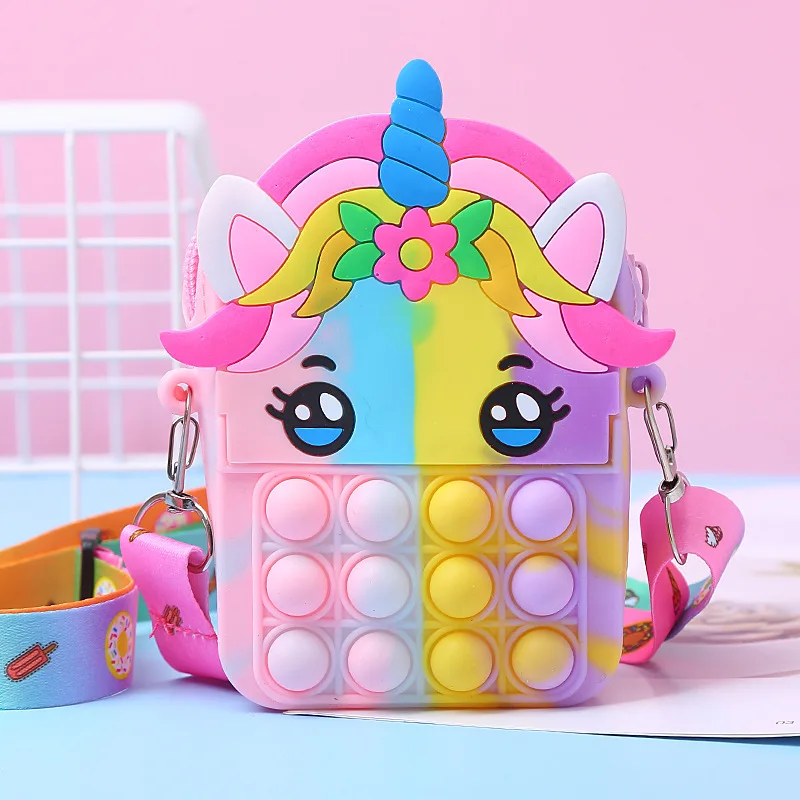 Unicorn Bag for Girls Popite Antistress Toys Silicone Push Bubble Bag Crossbody Reliver Autism Handbag Coin Pouch Purse for Kid