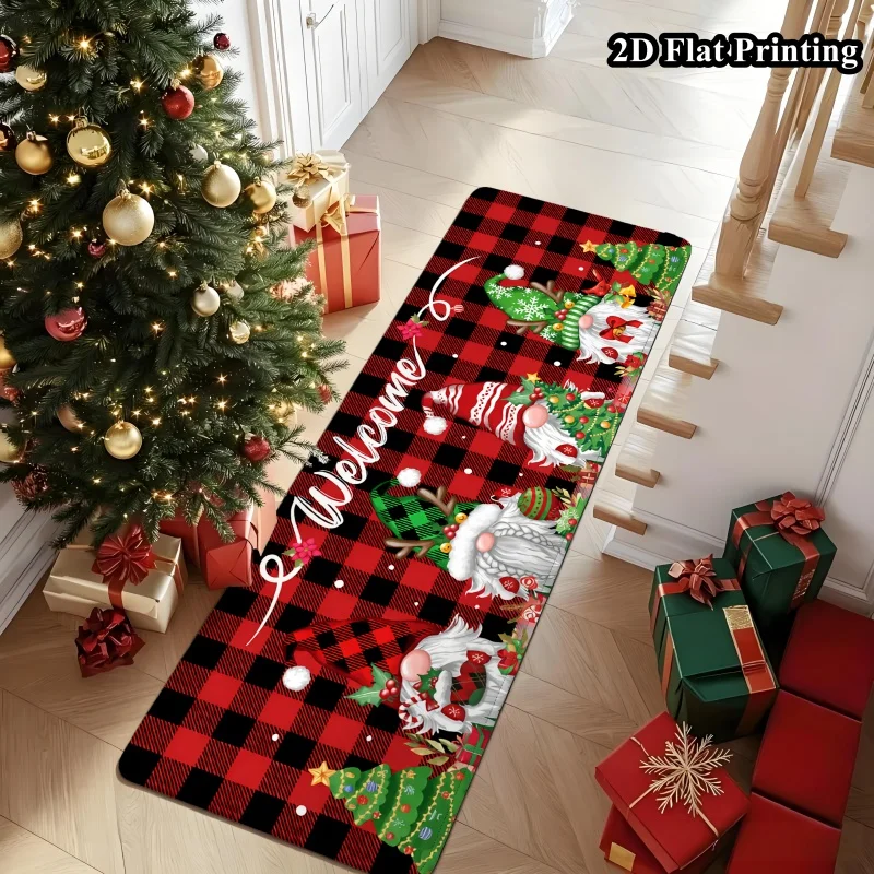 Xmas Buffalo Check Runner Rug Cute Santa Gnome Pine Tree Welcome Letter Art Printed Long Floor Mat for Festive Home Entry Decor