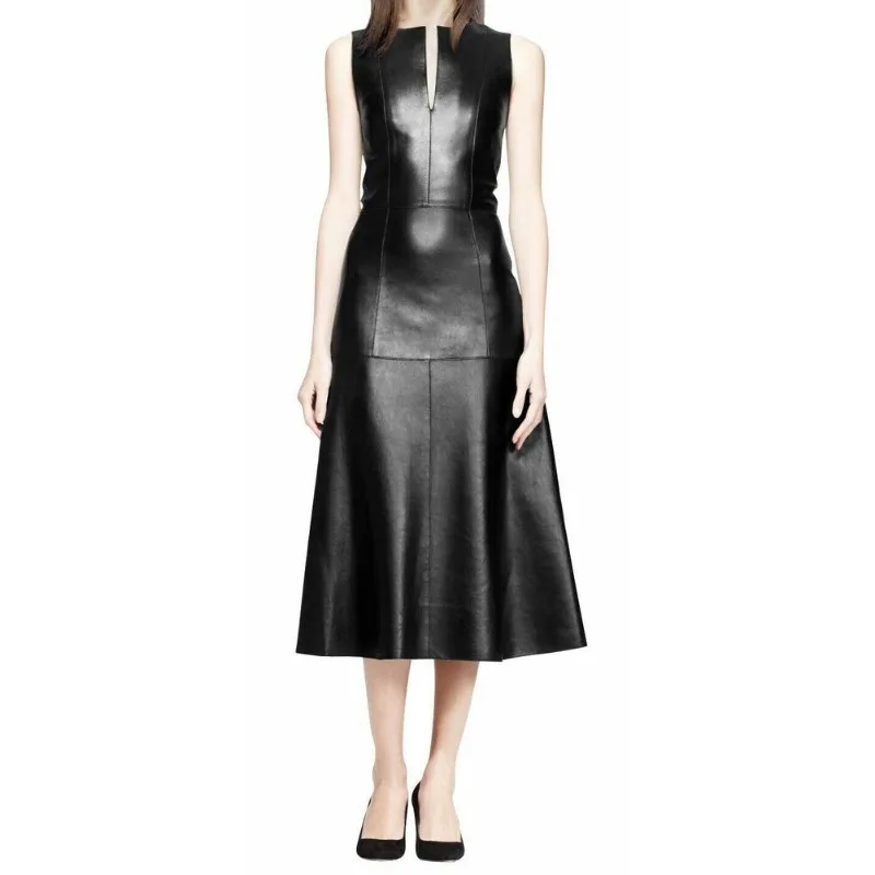 Women's Black Leather Dress Pure Sheepskin Fashion Party Club Clothing European and American Fashion Trends