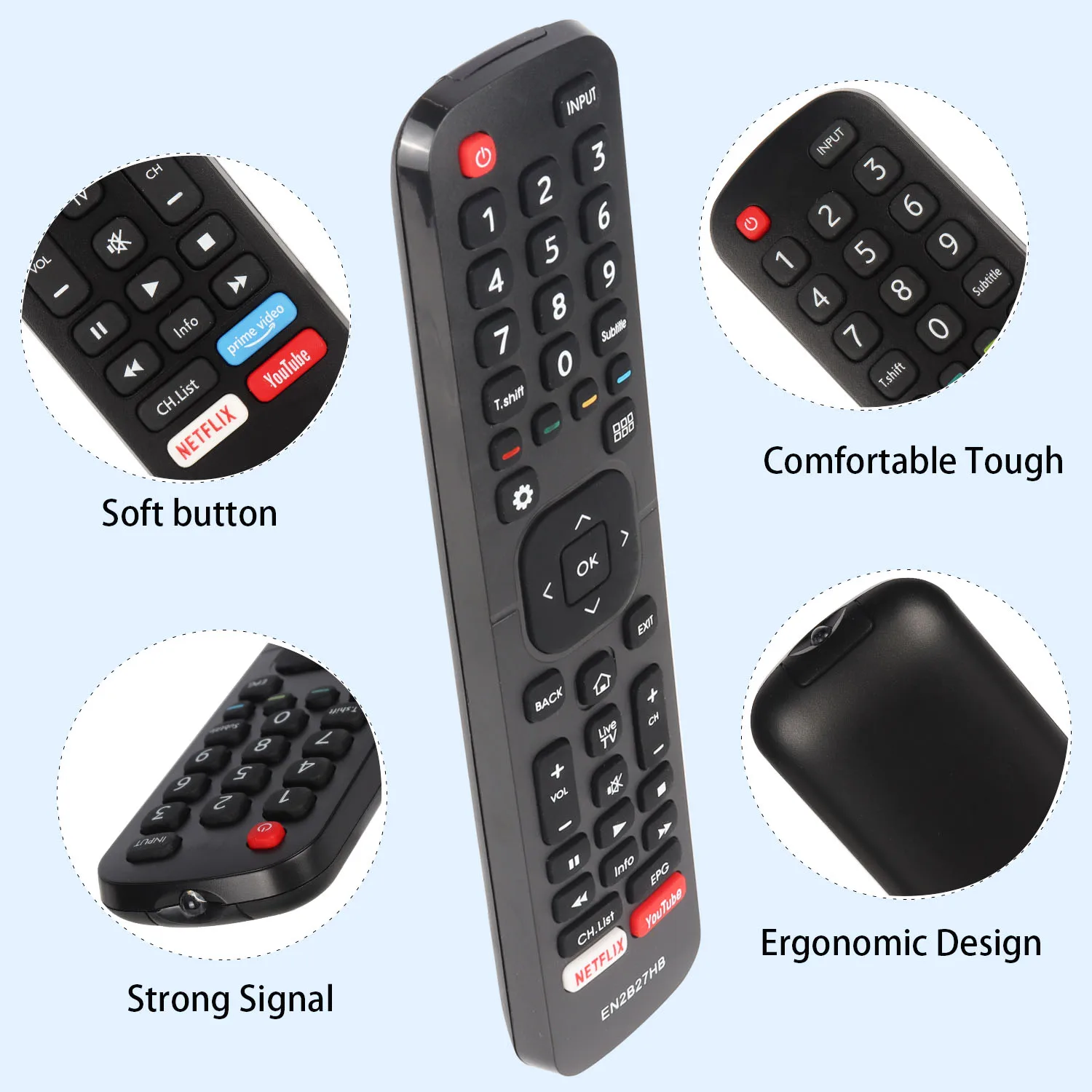 New EN2BS27H Remote Control Compatible With Hisense Smart LED HD TV Replacement Controller with Netflix PrimeVideo and YouTube