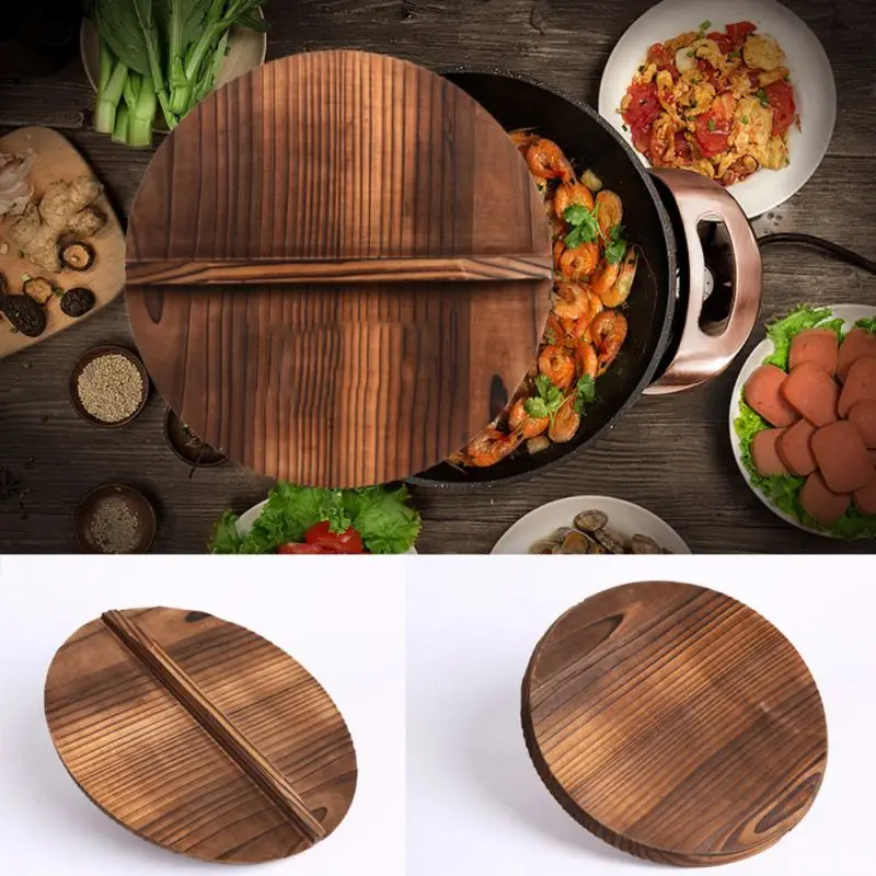 Coperchio rotondo in legno con manico coperchio per Wok antiscottatura fatto a mano Anti-versamento accessori da cucina coperchio per padella 32/34/35/38cm