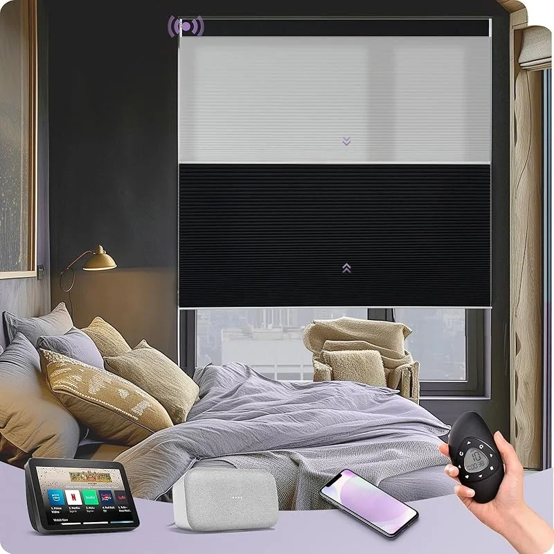 Day And Night Double Cell Waterproof Fabric App Alexa Voice Smart Control Automatic Honeycomb Cellular Blinds For Living Room