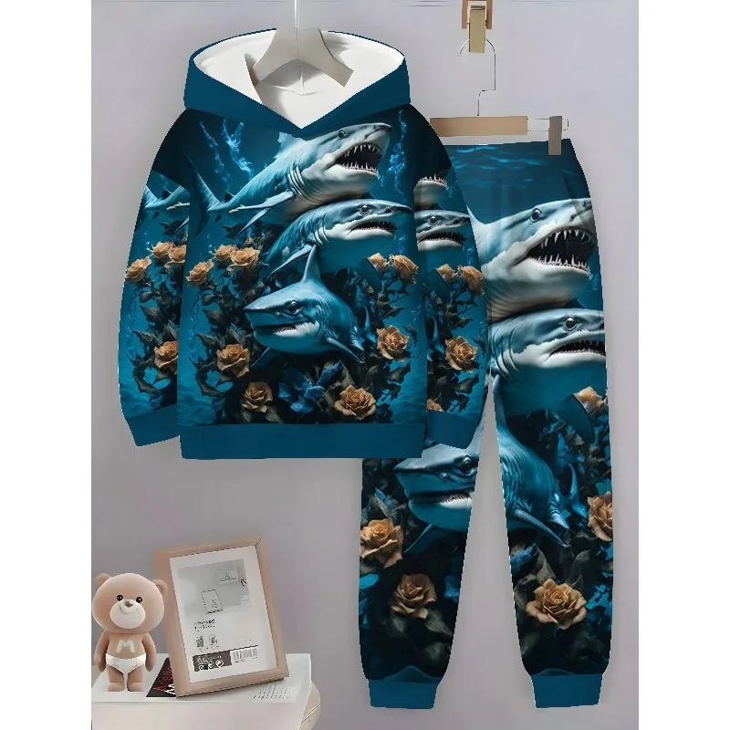 2025 3D Digital Marine Animal imprimé sweat à capuche et pantalon de sport 2 pièces ensemble Simple et à la mode décontracté à manches longues ensemble