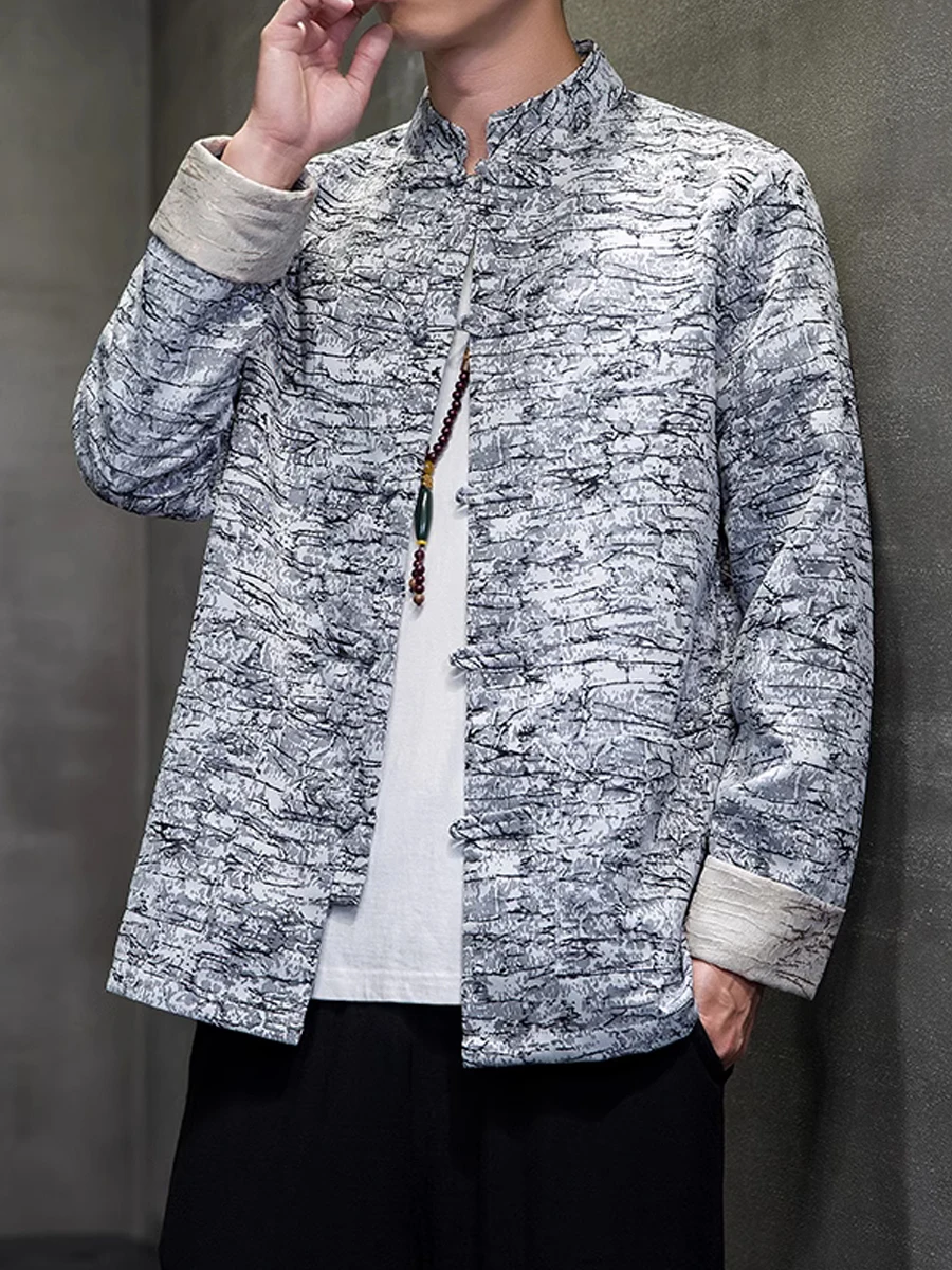 

Retro Chinese Sle Men's Jaet Autumn Faion Ci Sle Long Sve Stand Collar Button Decorated Stand Fit Outerwear