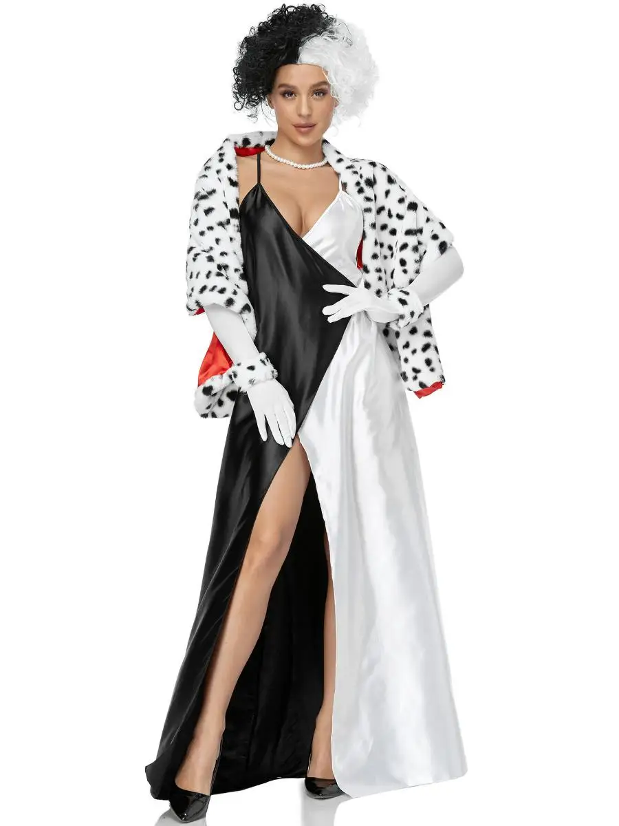 Disfraz de Halloween para mujer, disfraz de escenario actuación de bruja orm, traje de perro con manchas blancas y negras, Material de poliéster, Faion