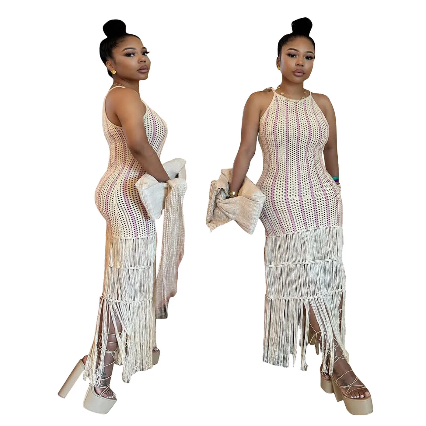 

Sexy Casual Knitted Fringed Beach Dr for Women New 2025 Spring Season Thiened Polyester Material Svel Midi Dr