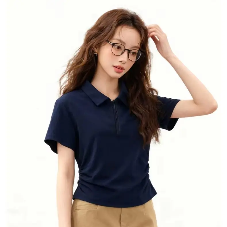 Women's Polo-Neck Short-Sleeve T-Shirt Summer Half-Zip Pleated Waist-Cinching Slimming Casual Versatile, Printed Short-Sleeve To