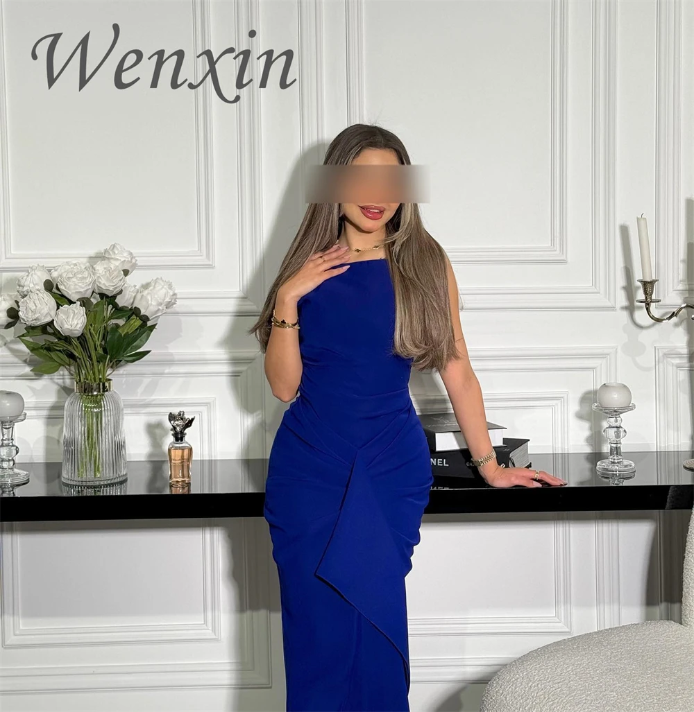 Robe de soirée en Jersey bleu personnalisée de haute qualité, sans manches, avec tempérament, robes de soirée pour occasions spéciales