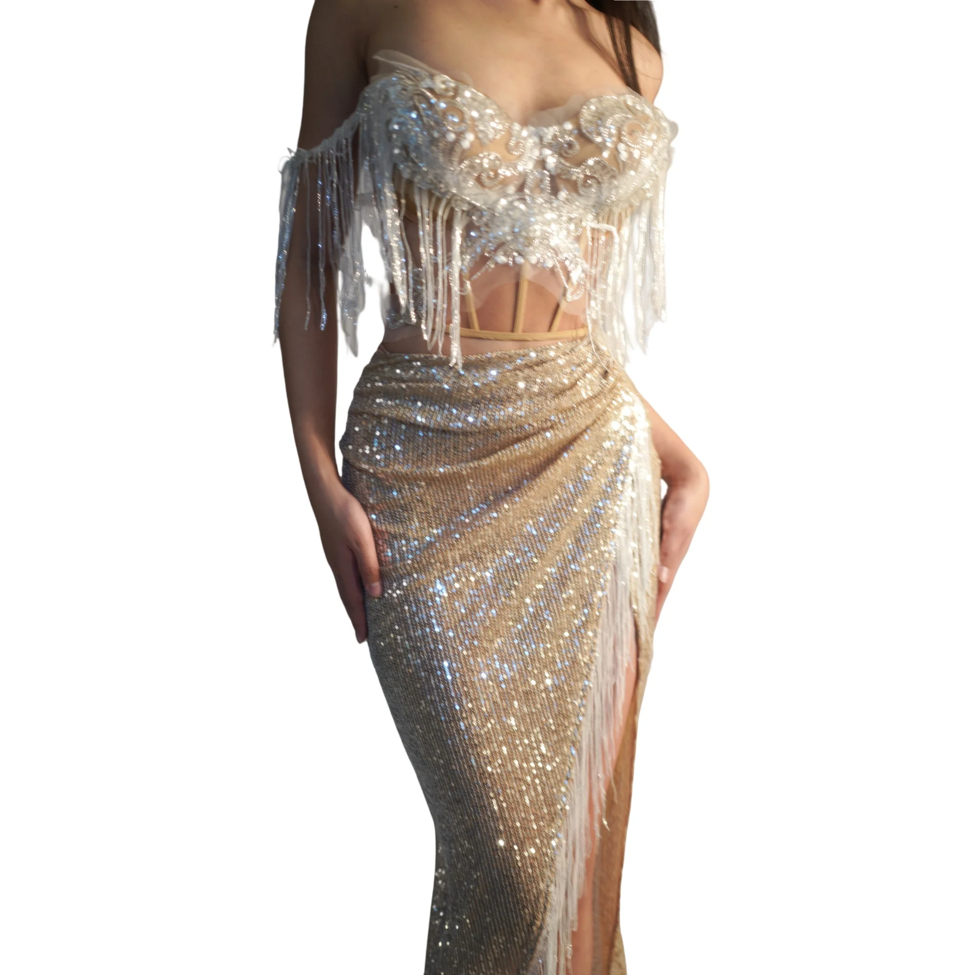 Elegant Sequins Strapless Crop Tops Long Skirt 2Pieces Set Shining Tassel Backless Dress Party Celebrate Stage Show Wear Fensi