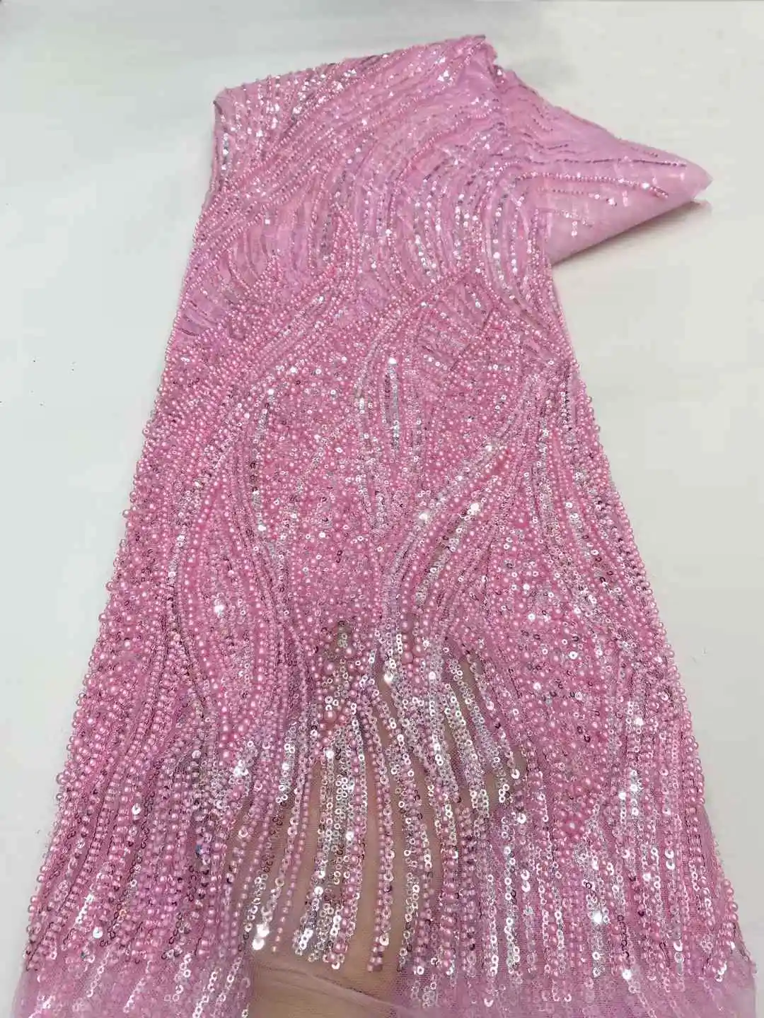 

African Heavy Beaded Lace Fabric 2025 High Quality Nigerian Sequin Pearl Lace French Tulle Fabric For Wedding Party Dress Sewing
