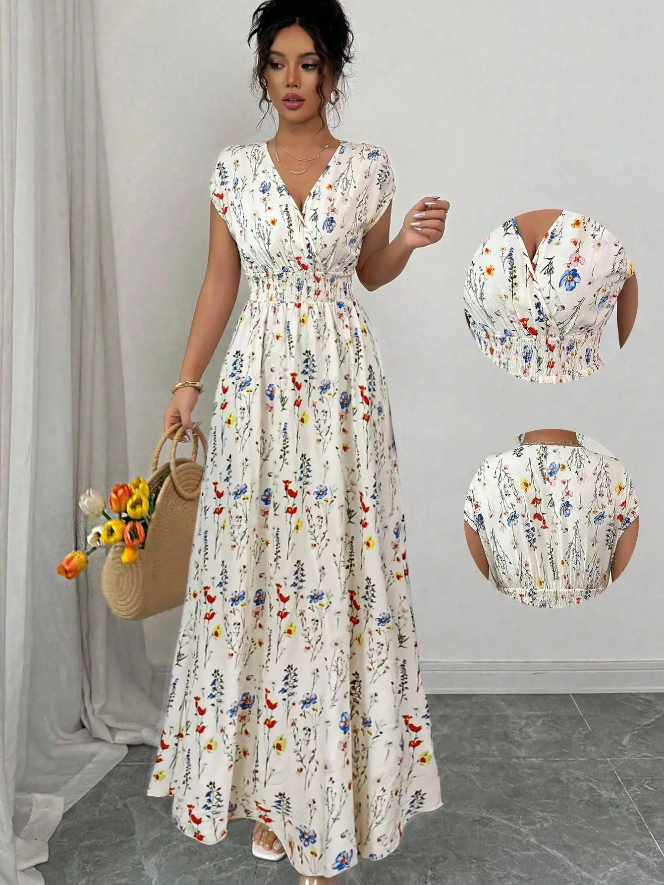 فستان ماكسي نسائي بياقة على شكل V مع نقشة زهور وخصر مطاطي، فستان صيفي بوهيمي بأكمام قصيرة
