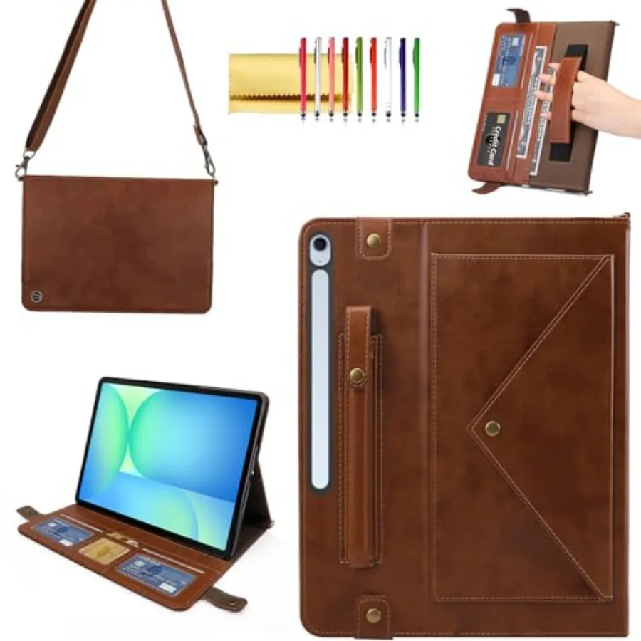 

Чехол-портмоне для Samsung Galaxy Tab S10 FE+ 13.1 дюйма с подставкой, ремешком через плечо, держателем для стилуса и тонким карманом для карт