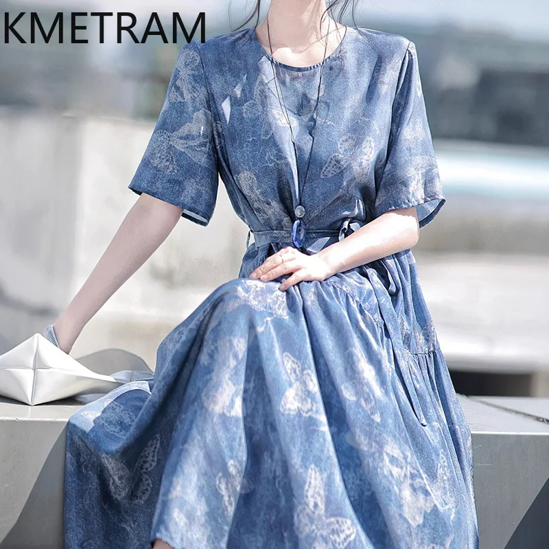 

KMETRAM 100% Mulberry Silk Women's Dress Mid Length Elegant Dresses for Woman Clothes High Quality Summer New in Dresses 2025