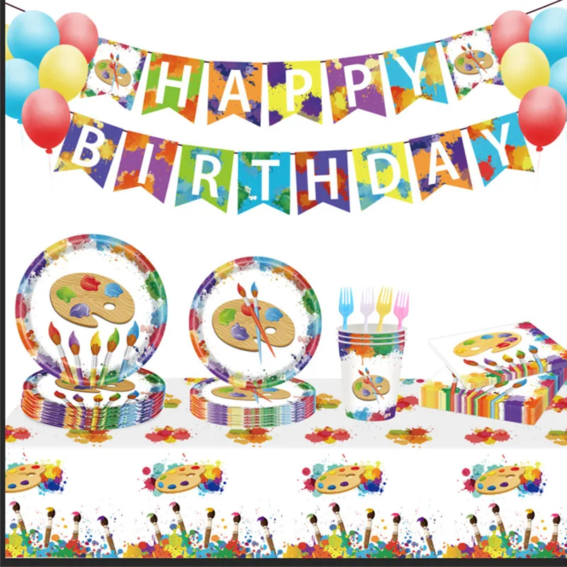 

Colorful Palette Paintbrush Art Theme Party Supplies Birthday Disposable Cutlery Set Paper Cup Plate Paper Tissue Decoration