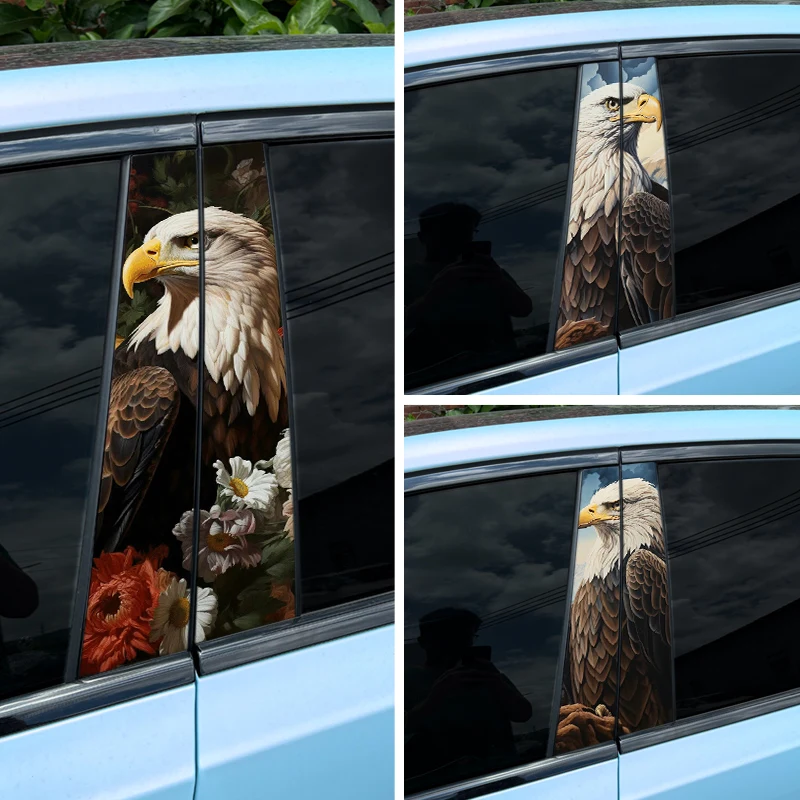 1pc/2pcs Flowers and Bald Eagle Car B-pillar Stickers Waterproof Sunscreen Auto Vinyl Decals Cartoon Automobile Decoration