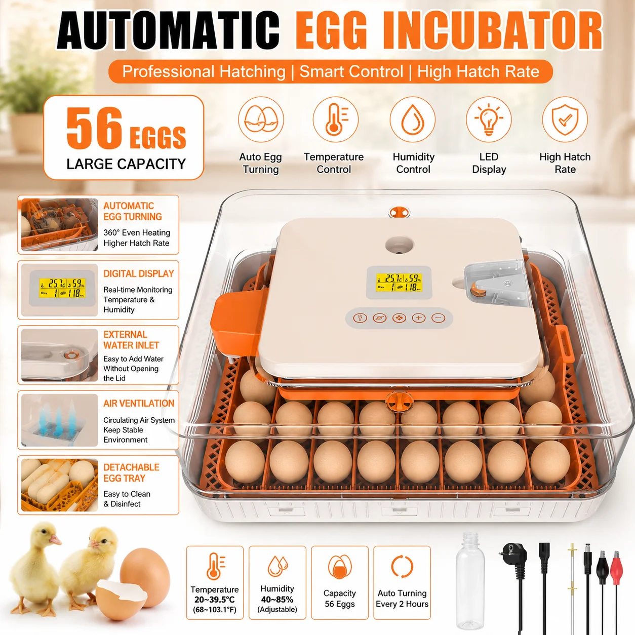Incubatrice automatica per 56 uova, macchina digitale per la schiusa, con sistema di rotazione automatica delle uova, monitoraggio della temperatura e dell'umidità, display a LED, incubatrice per