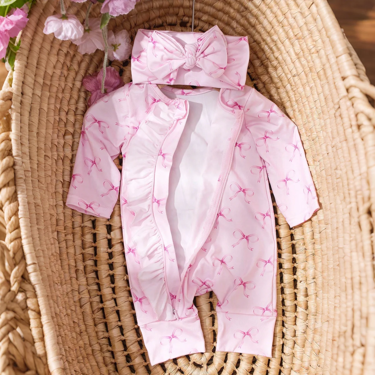 Ylsteed 2Pcs Set Pink Bowknot Newborn Photography Jumpsuit with Pink Bow Headband 100 Days Baby Girl Photoshoot Outfits image 4