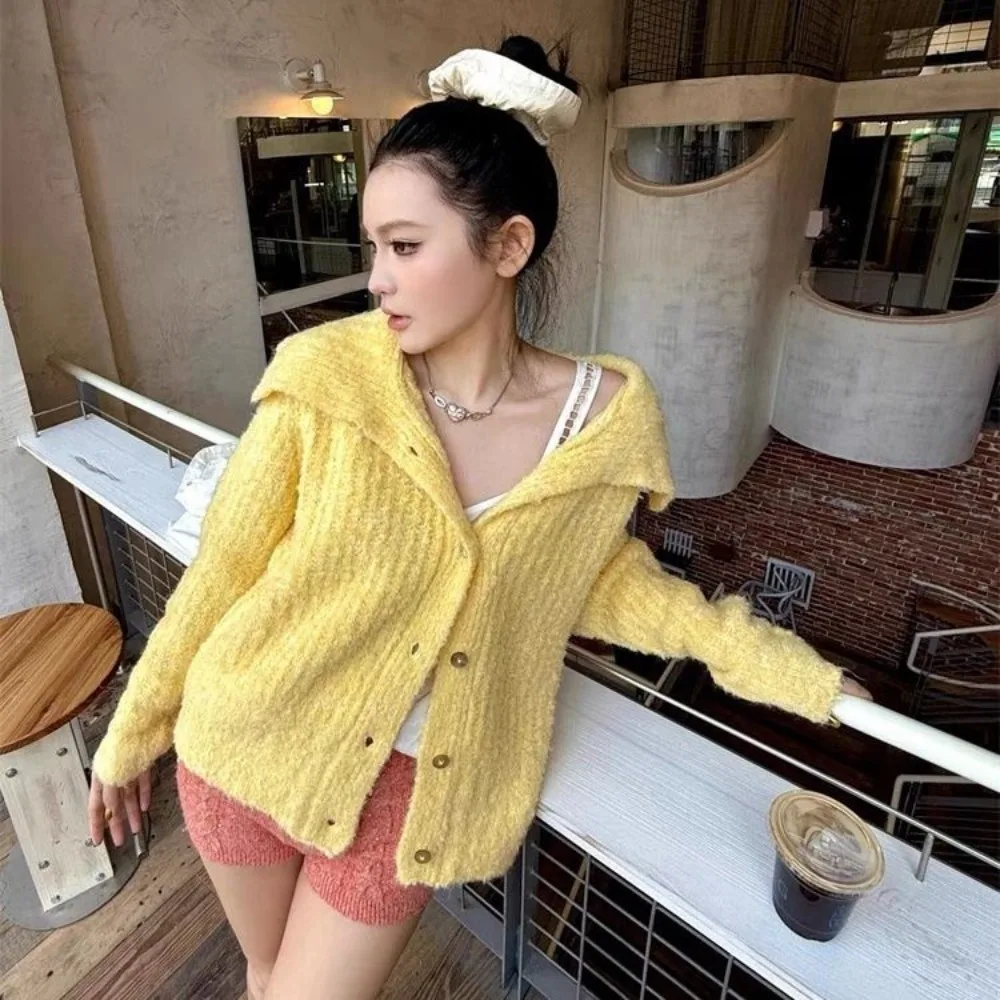 

Yellow Shawl Collar Knit Cardigan Women Oversized Lazy Style Long Sleeve Sweater Coat Cottagecore Autumn Fashion