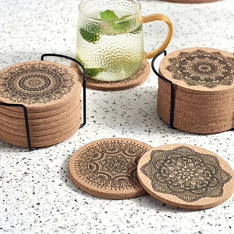 1 conjunto de porta-copos redondo de madeira, resistente ao calor, antiderrapante, 2d, plano, face única, impressão colorida, mandala, flor, restaurante, cozinha