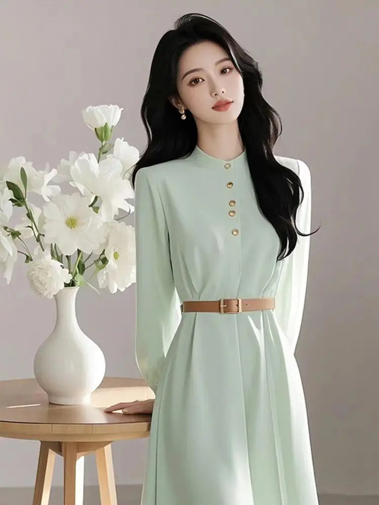 

Высококачественные однотонные элегантные платья, женские осенние новые тонкие длинные платья с воротником-стойкой и высокой талией, красивое офисное женское платье