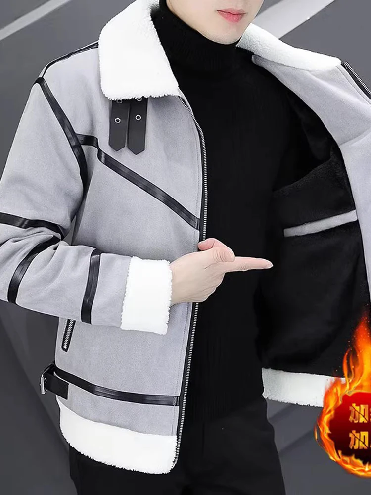 

Зимняя утепленная куртка из оленьей кожи с бархатным ворсом для мужчин, повседневное кожаное пальто с мехом, короткий модный молодежный фасон