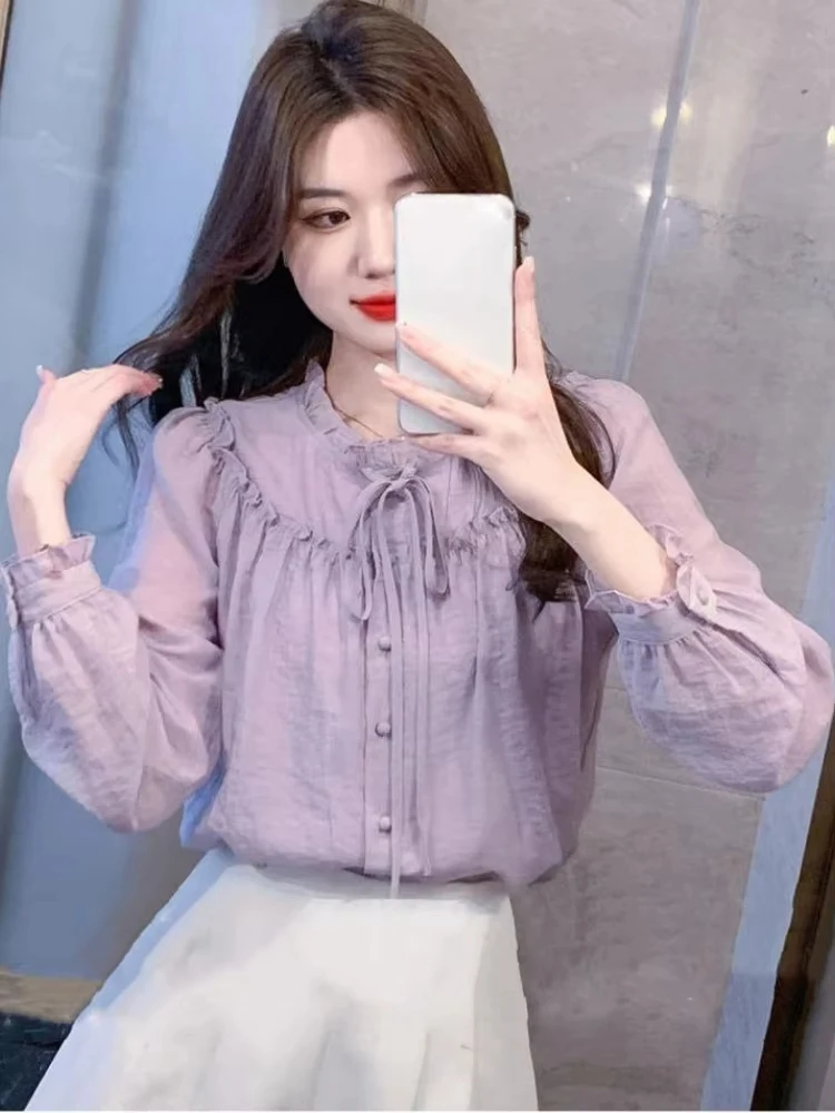 الأرجواني الإناث بلايز طويل القامة كامل كم طويل اليابانية Harajuku موضة بسيطة رخيصة أنيقة جميلة مع القوس قميص نسائي وبلوزة