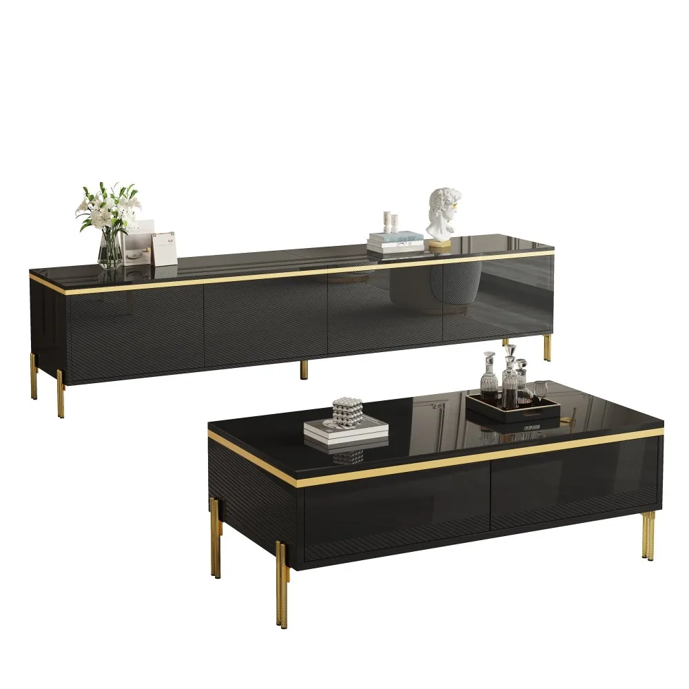 Set di mobili moderni e di lusso per soggiorno, composto da mobile porta-TV e tavolino da caffè, con finitura lucida in tinta unita e bordi decorativi dorati, ampio spazio di archiviazione e design