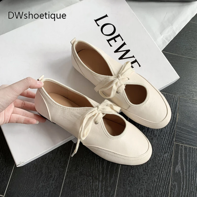 Real genuine leather women ballet flats lace up flat pumps