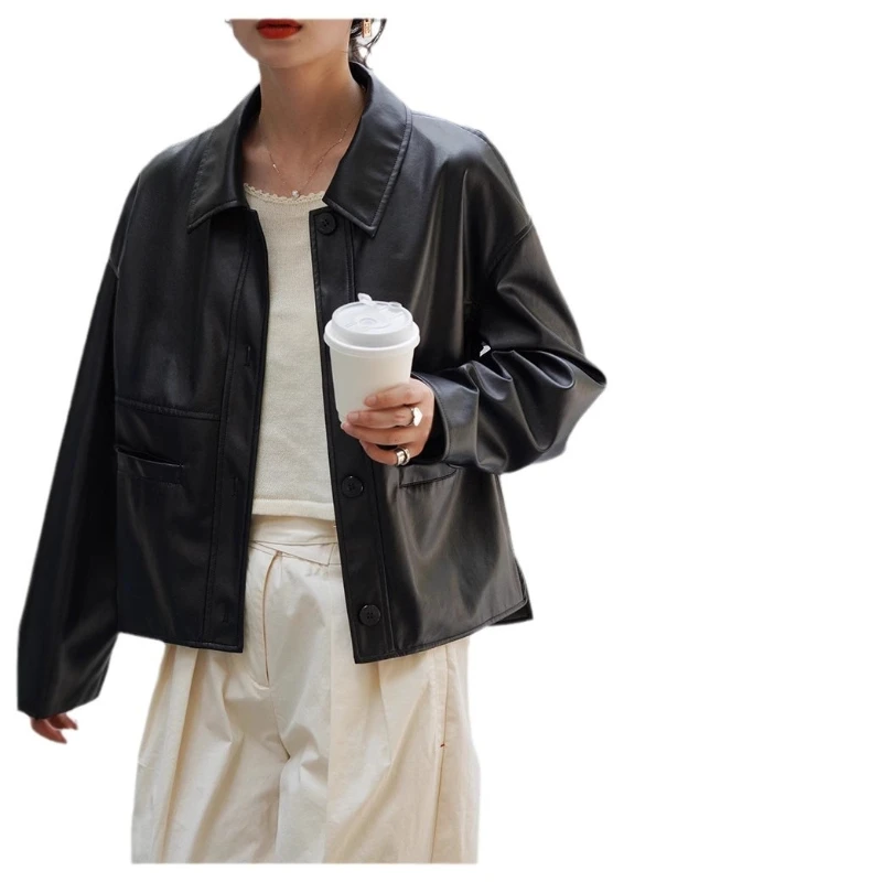 Women Short Coats Faux Leather Jackets Turn Down Collar Pu Coat Work Y2k Streetwear Jacket Casual Outerwear Autumn Winter