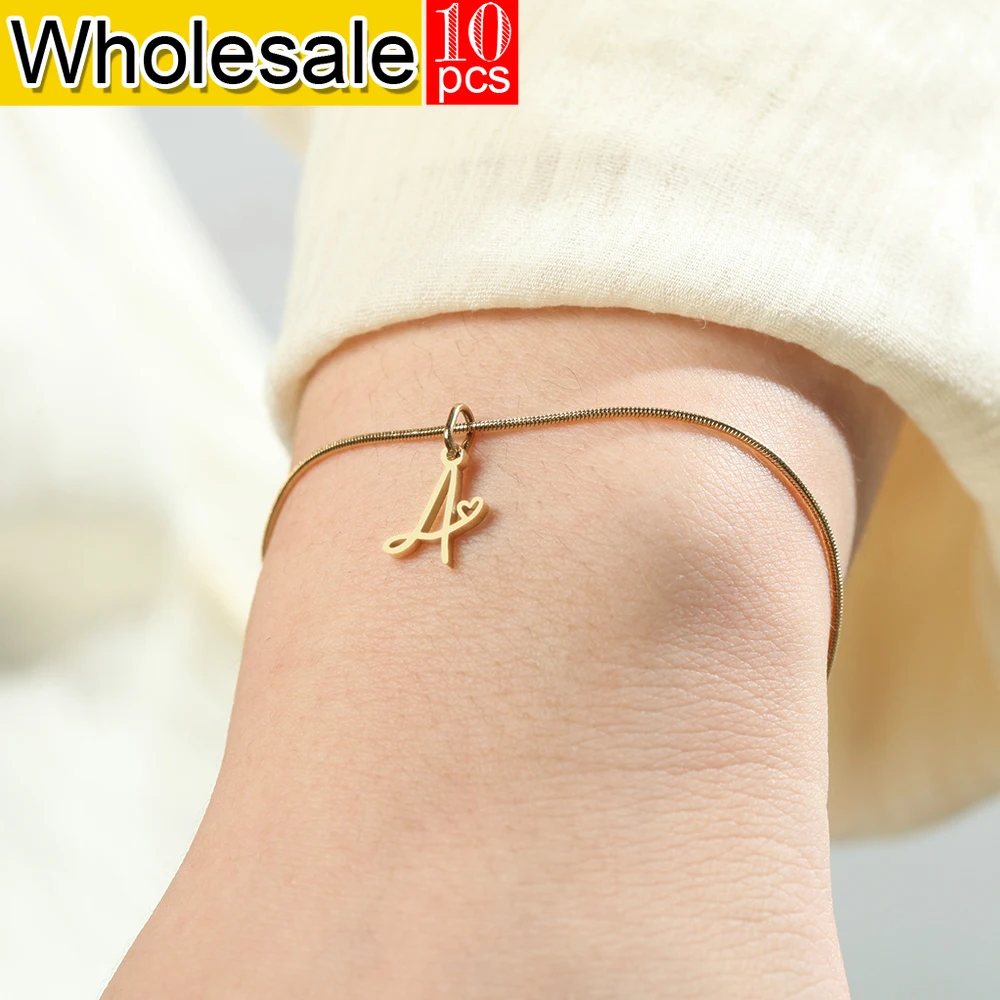 10PCS Summer Minimalist Style Golded Stainless Steel Women's  Bracelet A-Z Initial Letter Round Snake Chain Jewelry Wholesale