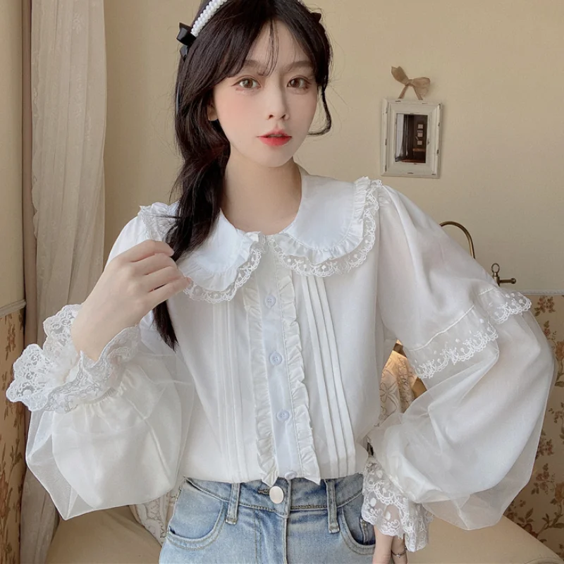 Sweet Lolita Long Sleeve White Shirts Women Japanese Lace Ruffles Peter Pan Collar Elegant Blouses Girly Harajuku Gothic Blusas