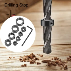 Drill Depth Stop Bit Collar Set Adjustable Positioner Limit Ring Allen Wrench Tighten The Stopper Set-Screws Woodworking Tool