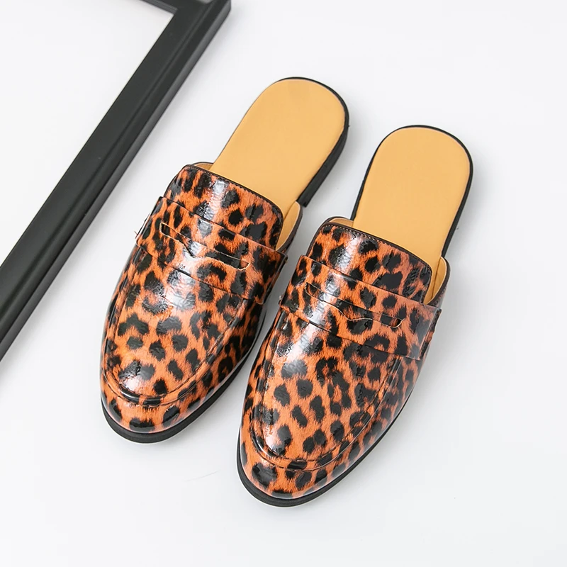 Leather Slippers for Men Mules Shoes Man Leopard Summer Slippers for Men Casual Indoor Slippers Men Half Shoes Man Sandals