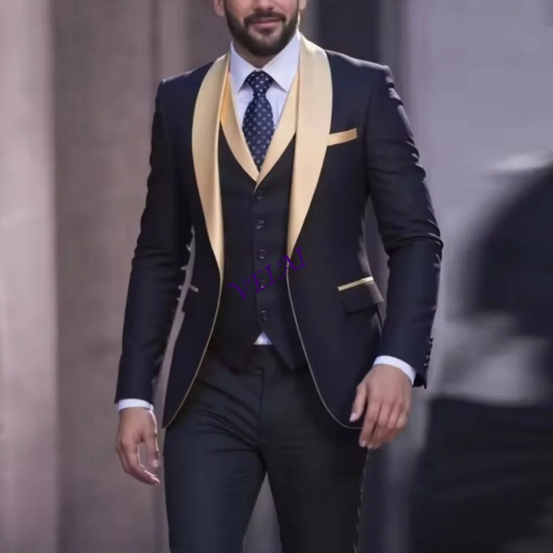 

Черный мужской костюм с воротником цвета шампанского по индивидуальному заказу, формальный костюм для свадебной вечеринки, жениха, жениха, выпускного вечера, деловые мужские смокинги, комплект из 3 предметов, куртка Ves