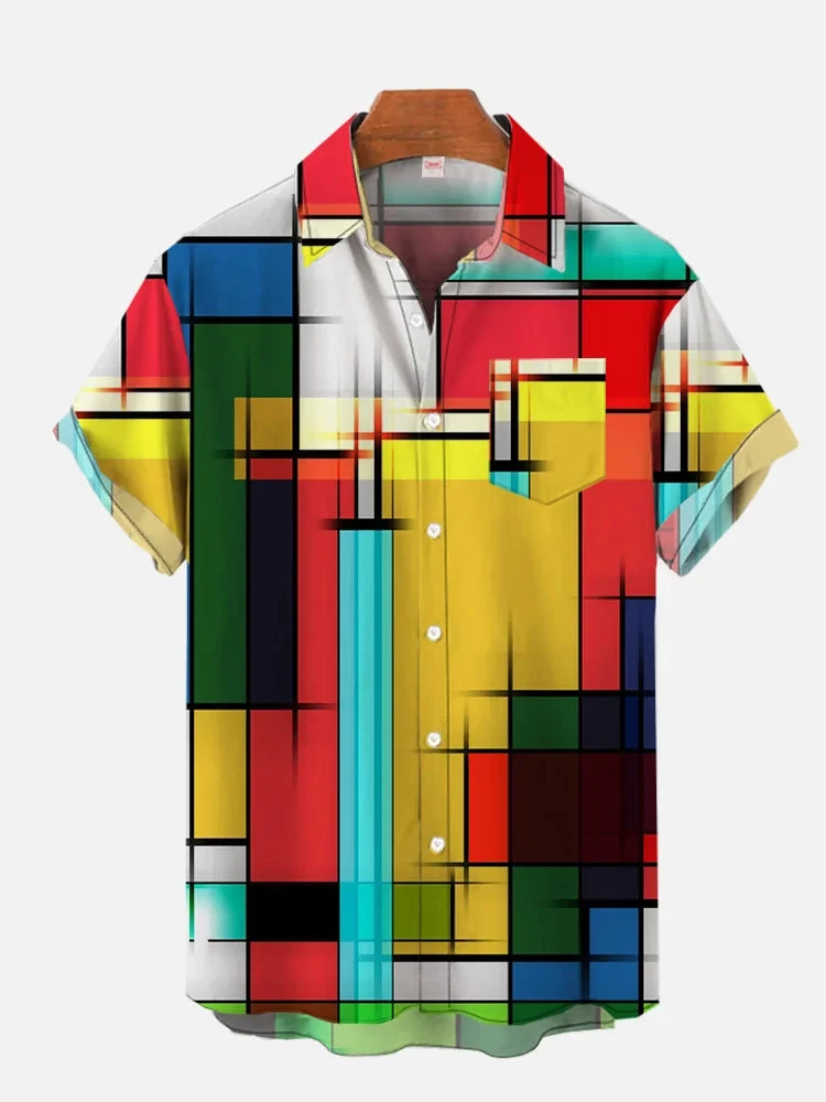 Geometric Art Modern Colorful Abstract Portrait And Football Printing Men\'s Short Sleeved Shirts For Men Fashion Hawaiian Shirts