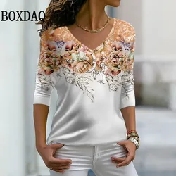 2024 Casual Daily Street Long-Sleeve Vintage Tee Shirt New Spring Autumn Women New Flower Printed V-Neck Tops Oversized T-Shirts