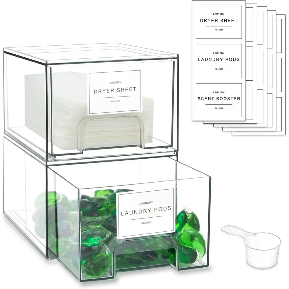 

Laundry Room Organization Storage Drawers with Labels, Stackable Dryer Sheet Holder and Pod Containers, Detergent Dispenser