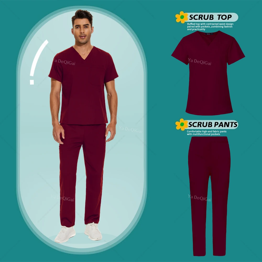 Unisex Médico Uniforme Elastic Scrubs Set, Uniforme de Hospital, Workwear reta, Doutor, Enfermeira, Top, Calças, Acessórios de Enfermagem, 12 Cor