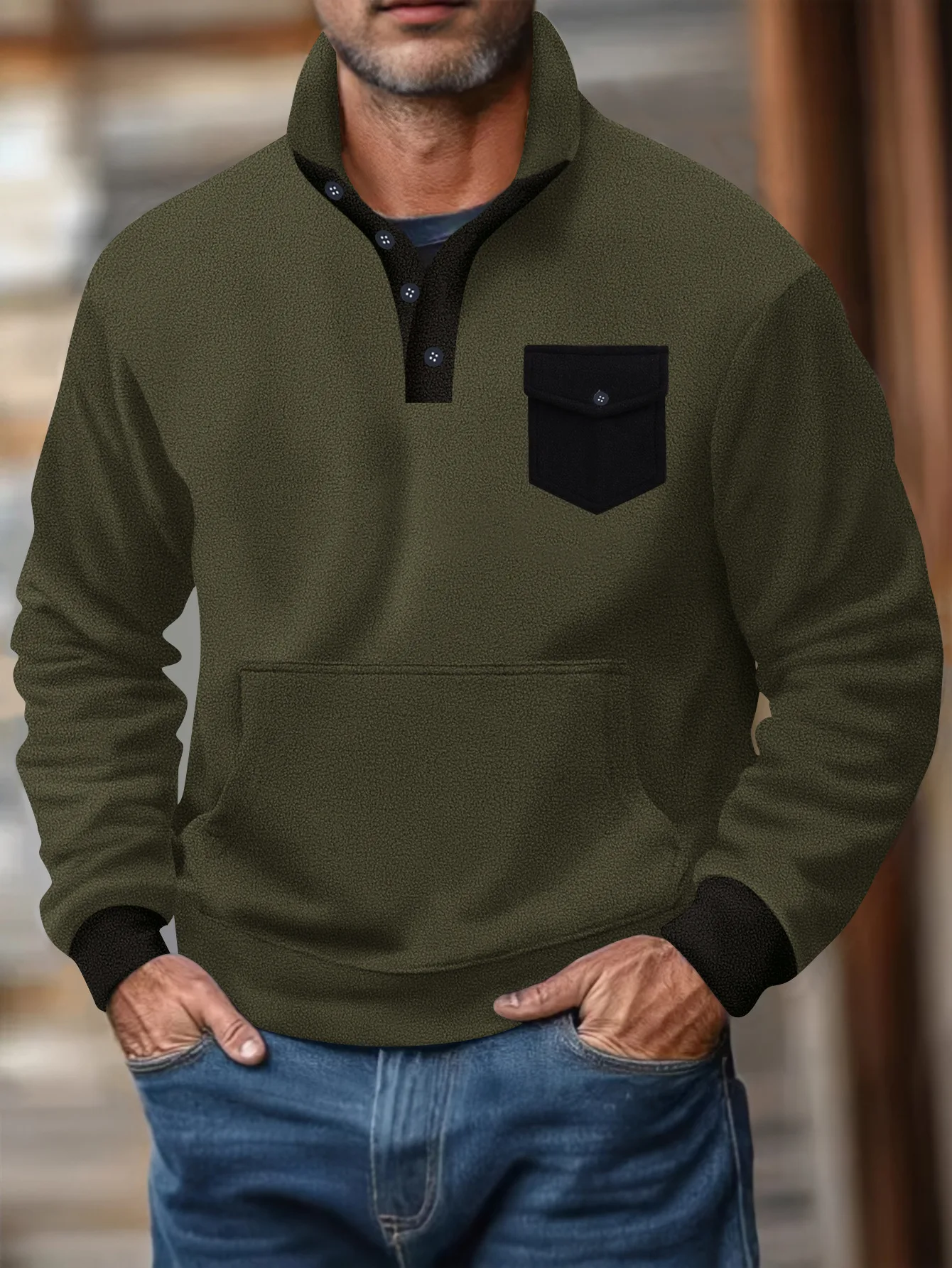 

New men's autumn and winter fleece sweater fashion casual daily home outdoor street stand collar pocket warm Pullover