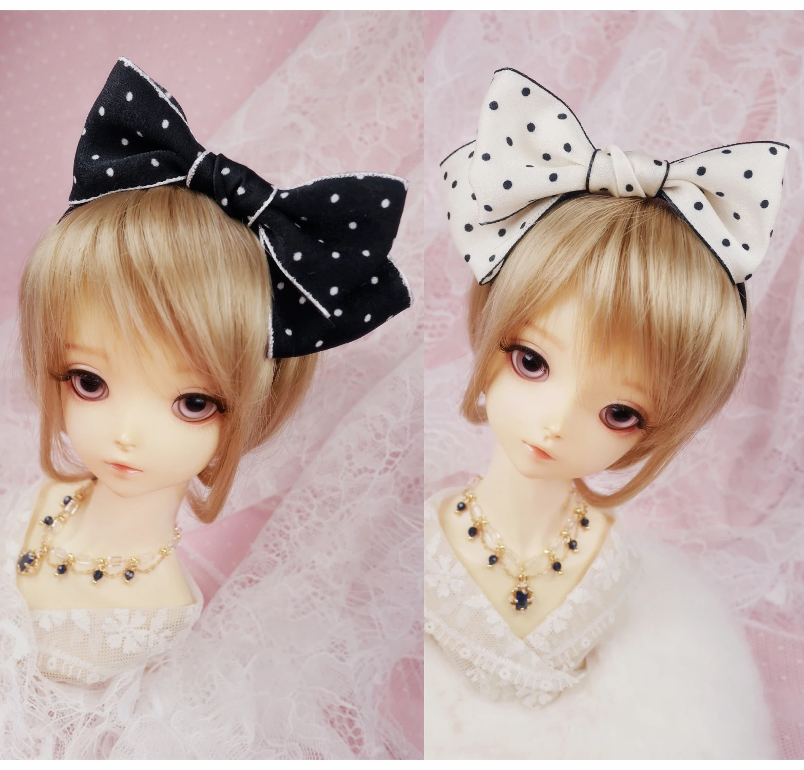 Handmade 1/3 Asymmetric black and White Polka Dot Bow Hair hoop blythe Vintage headdress DD SD BJD Doll Accessories