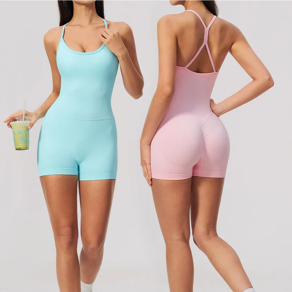 Cross Back Sleeveless  One-Piece  Yoga Bodysuit Built-in Bra Pads Women Fitness Jumpsuit Gym Running Training Workout Overalls