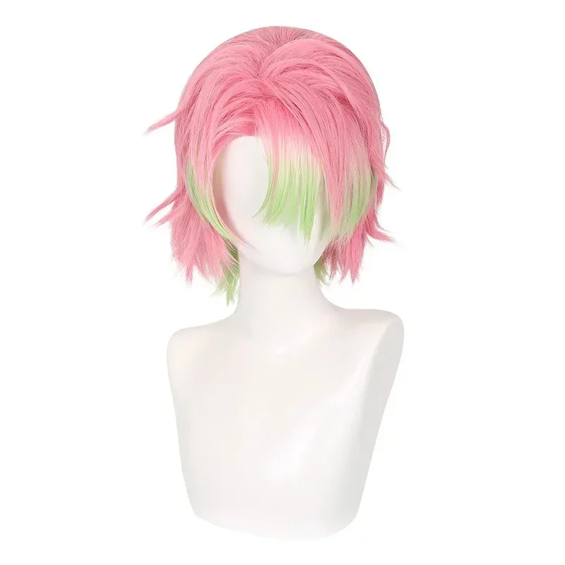 Peluca de Cosplay Demon Slayer Kanroji Mitsuri, peluca de invertido sexual rosa y verde, peluca corta rizada sintética de Anime Coser, peluca bonita para chica, Cosfam