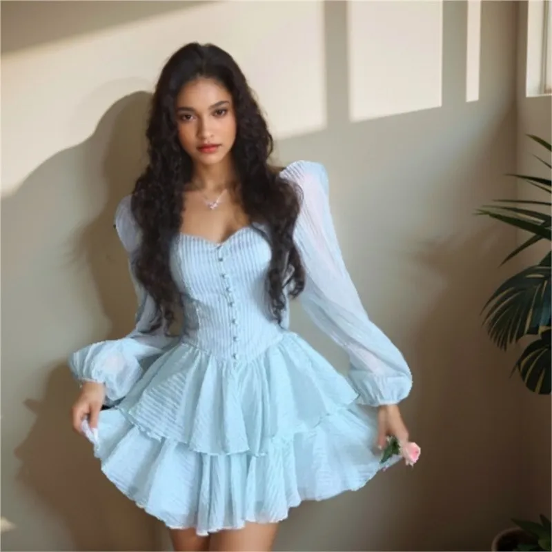 

Retro Cascading Ruffle Edges Princess Dress Autumn Long Sleeve Sexy Slim Fit Mini Dresses For Women 2025solid Casual Fairy Dress