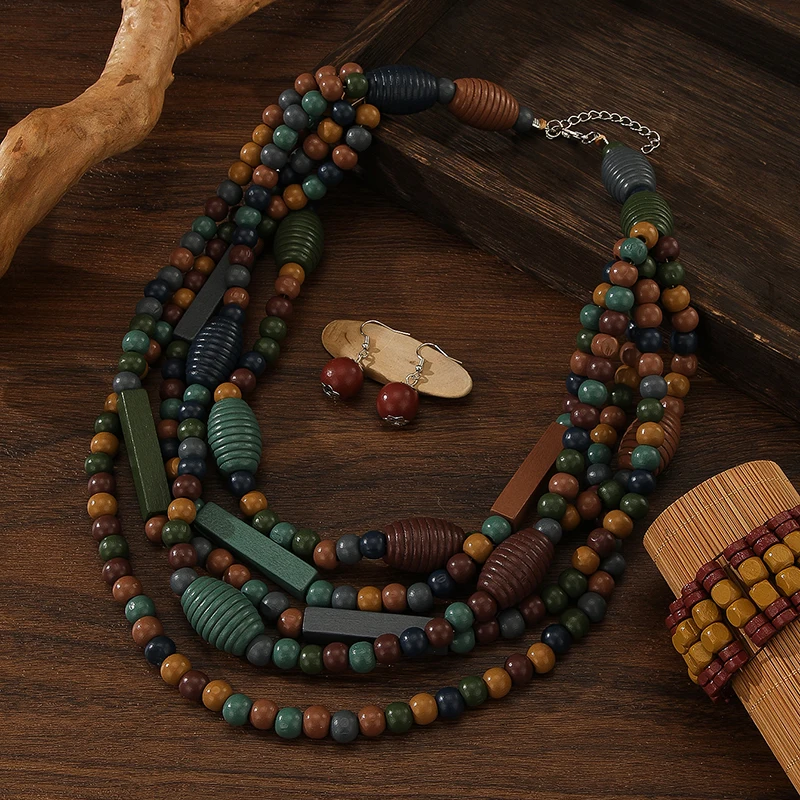 Multi Layer Handmade Wood Beads Necklace Earrings Bracelet Jewelry Set Vintage Color Statement Collar Boho Beads Long African J