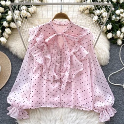 Vintage Butterfly Bandage Ruffle Basics Long Sleeve Elegant Dot Print Loose Single Breasted Top French High Street Autumn Blouse