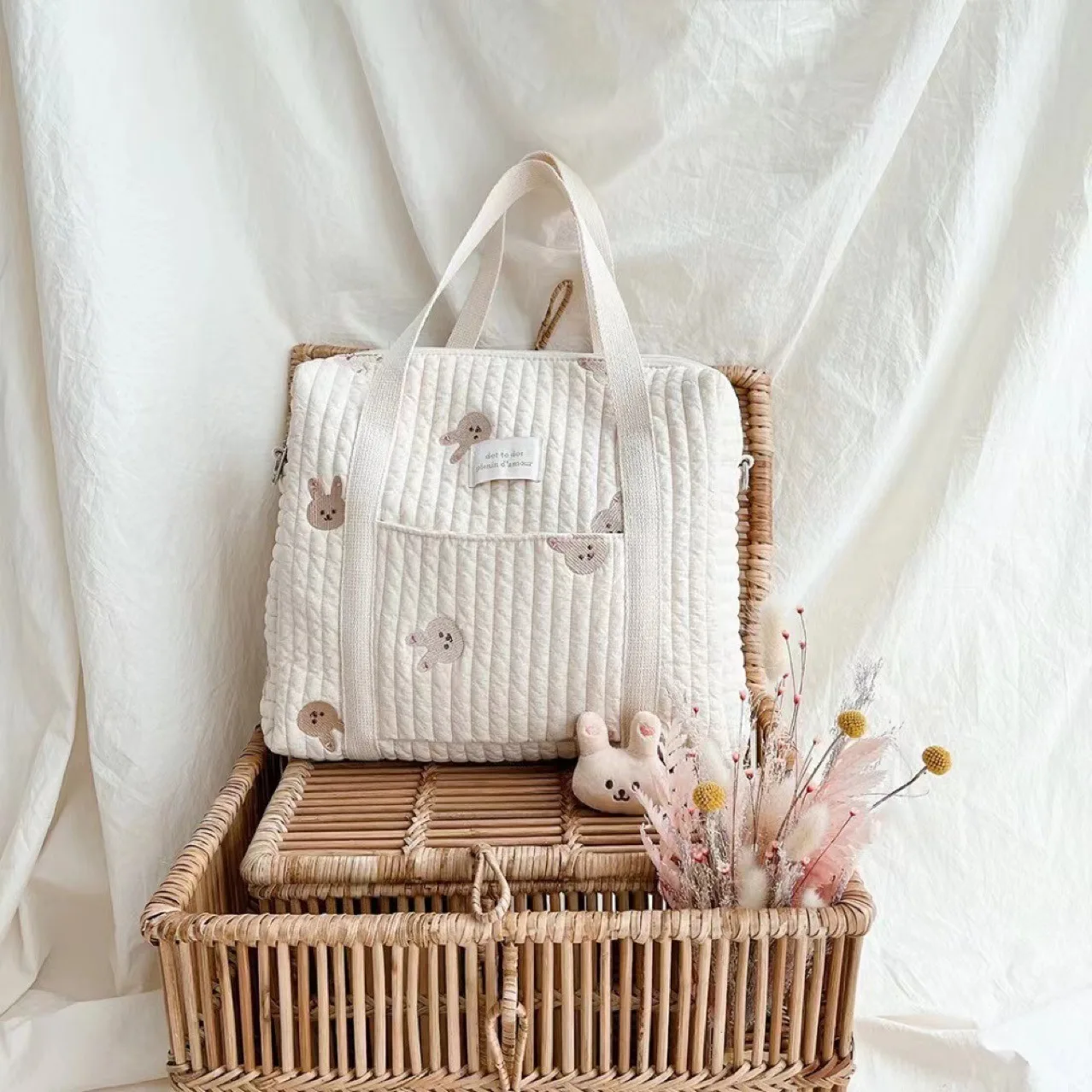 Sac fourre-tout matelassé en coton avec fermeture éclair pour maman, sac de finition pour couche-culotte, remorque pour poussette, grande capacité, Ins