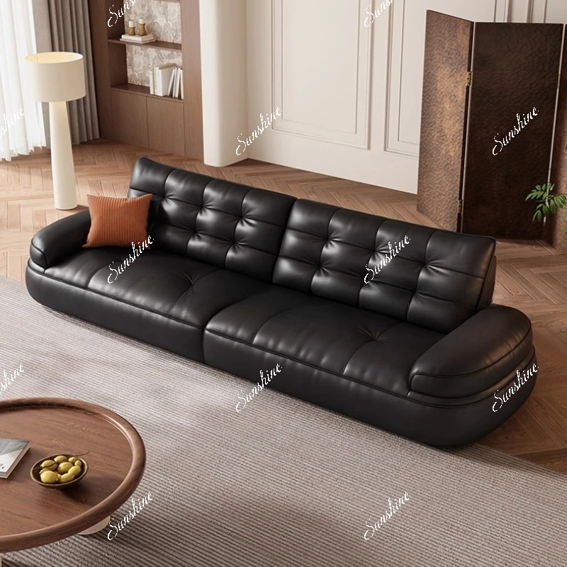 

French vintage leather sofa living room small apartment inline cream style simple and modern
