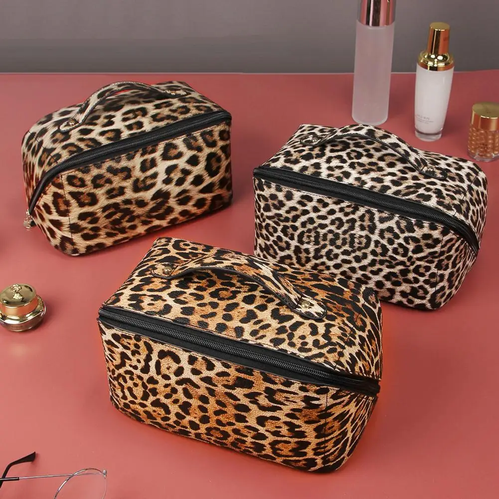 Makeup Case Smooth Zip Cosmetic Bag Faux Leather Moisture-proof  Useful Fashion Leopard Print Cosmetic Handbag