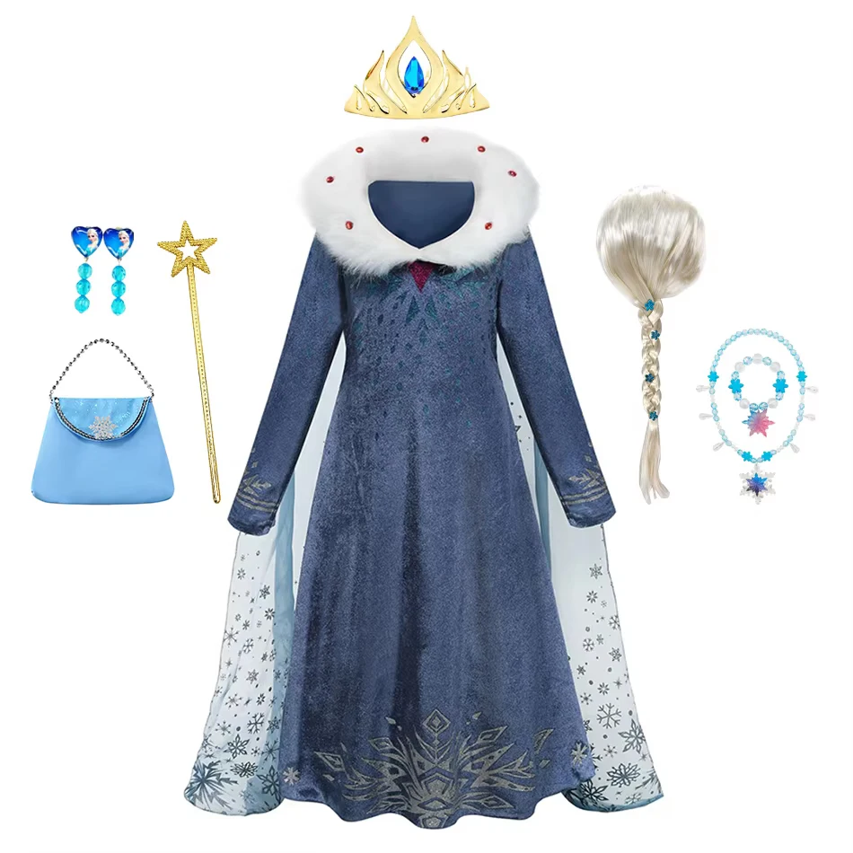 Elsa Dress Snow Queen Costume for Girl Winter Long Sleeve Princess Gown with Cape for Birthday Party Cosplay Christmas Gift
